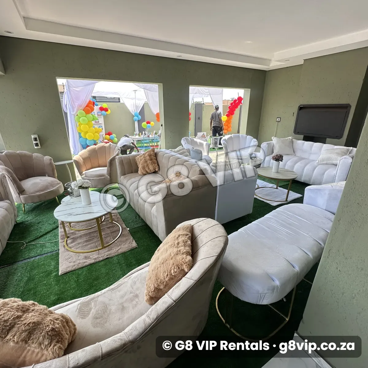 Chillas VIP lounge with beige and white couches