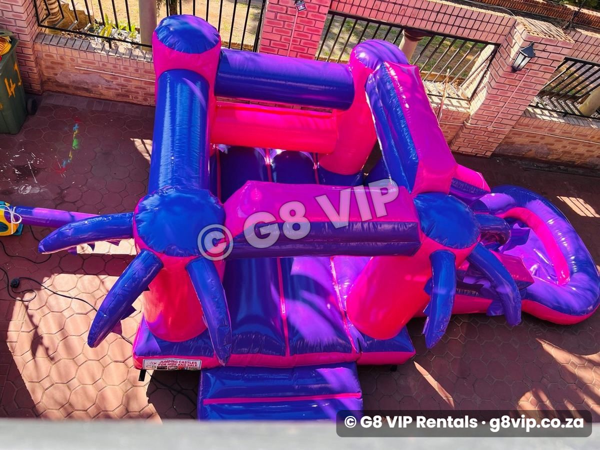 Purple Pink Castle jumping castle with slide and pool - from above